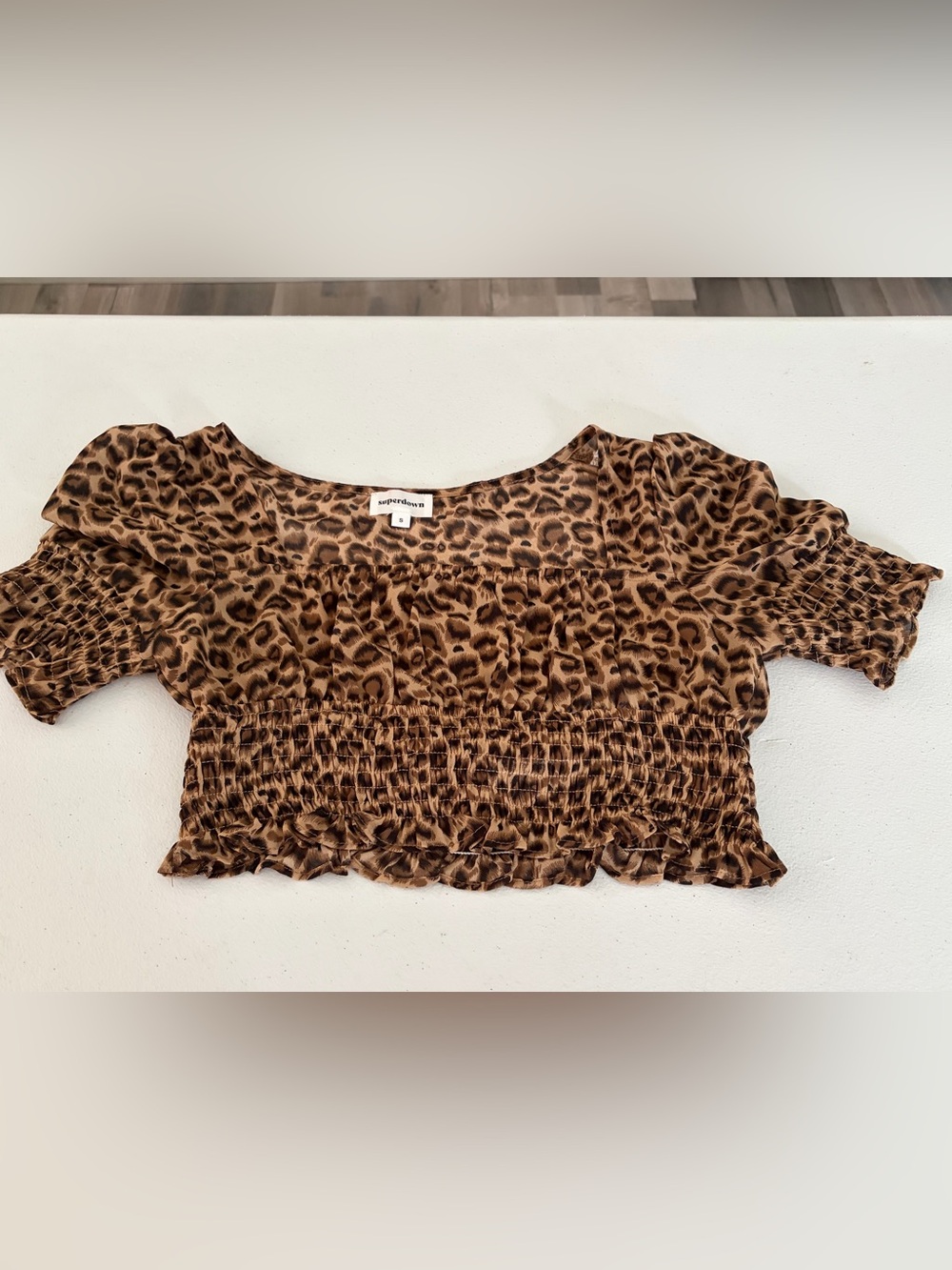 Super down.  Leopard Smocked Crop Top in Brown. Size Small